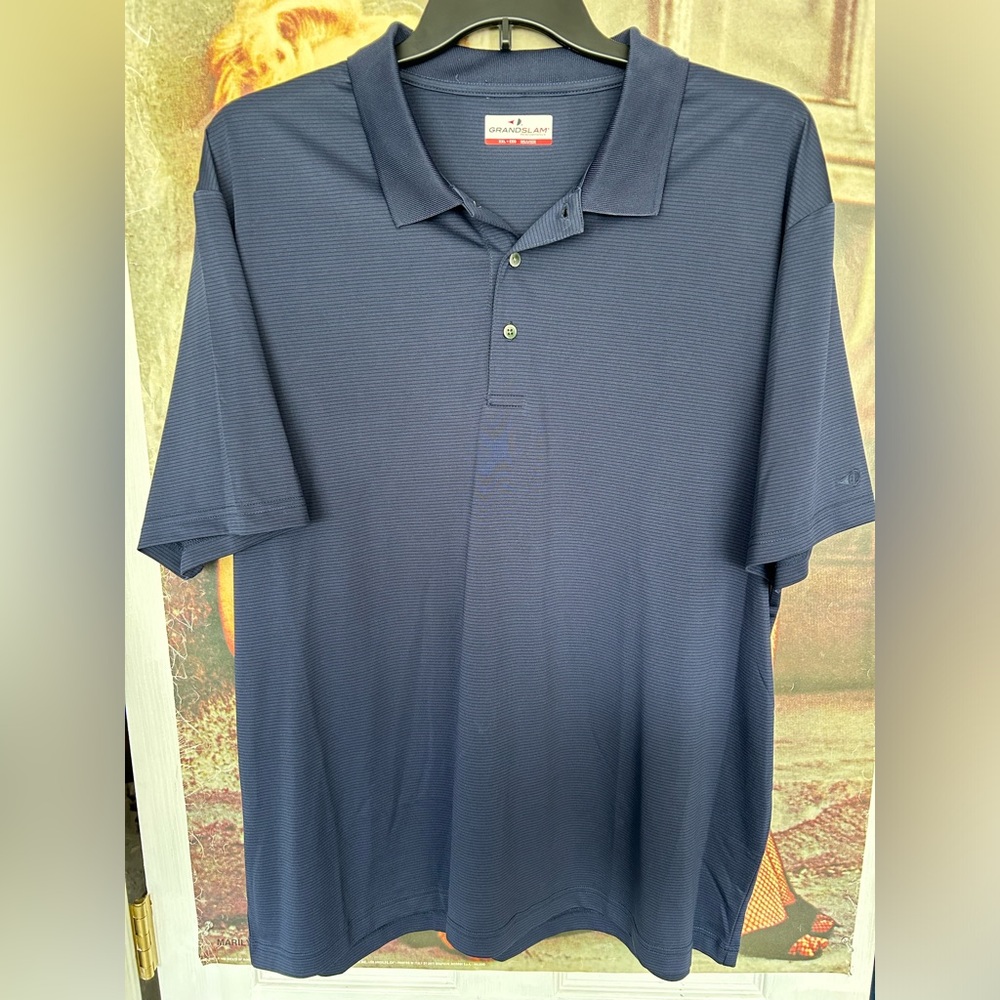 Men’s Grand Slam athletic fit golf shirt. Blue striped. Size XXL.